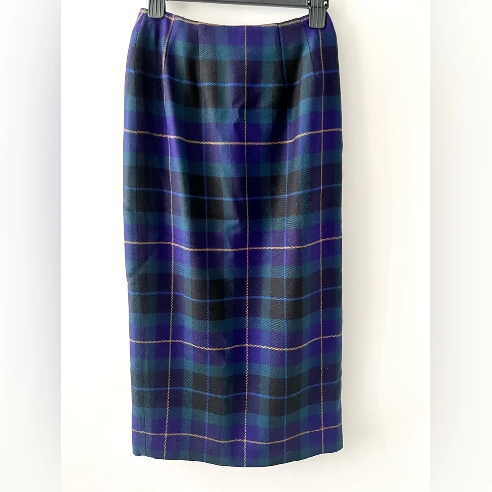 TALBOTS | Plaid Vintage Wool Wrap Long Maxi Skirt Purple Green Fringe Size 4 - Picture 7 of 11